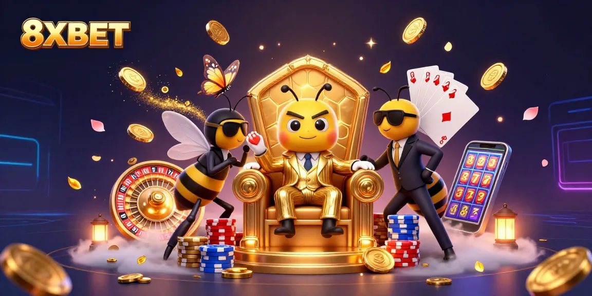 Win big with 8XBET in a vibrant casino scene featuring exciting games and dynamic elements.
