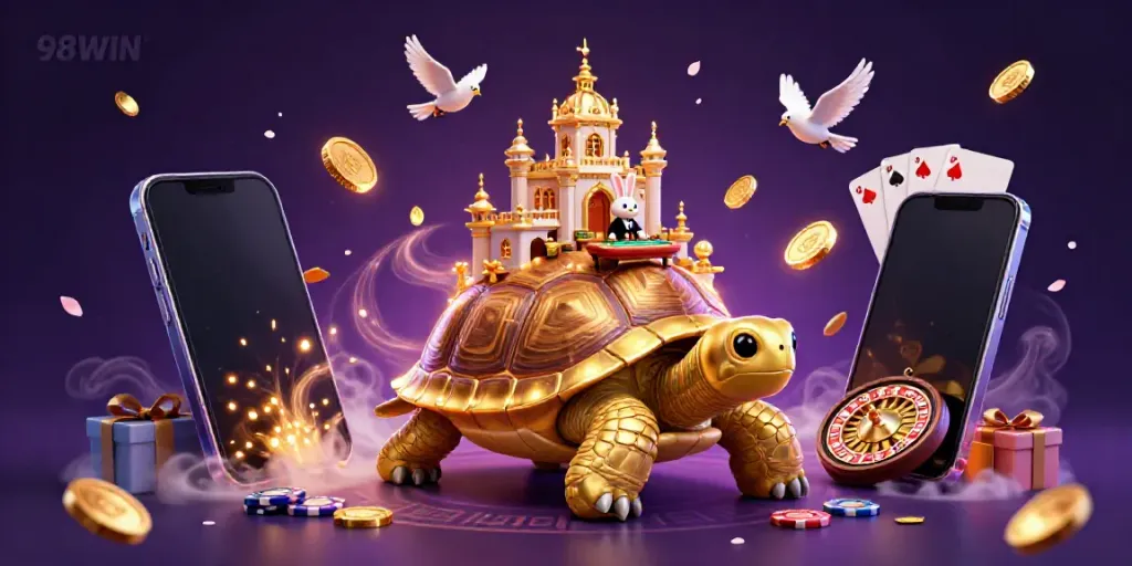 Experience the excitement of 98WIN with a golden tortoise casino scene, featuring dynamic game elements.