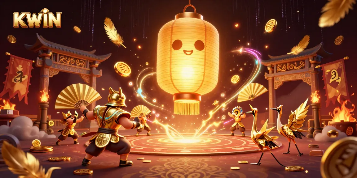 KWIN brings luck to players with vibrant lantern spirit amidst swirling golden feathers and casino excitement