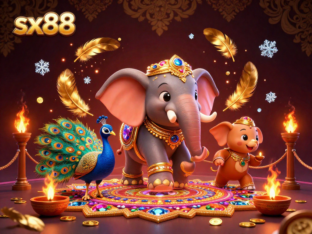 SX88 Casino game featuring cartoon elephant and peacock amidst vibrant golden decorations and rich elements.