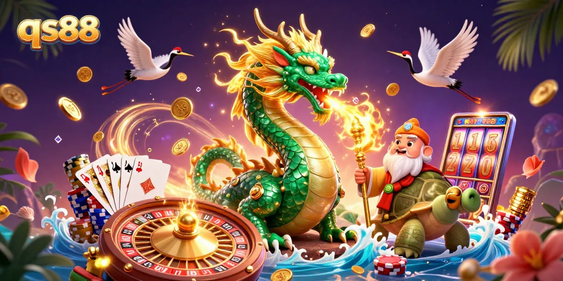Experience thrilling gameplay at qs88 with a dynamic scene showcasing a jade dragon and casino excitement.