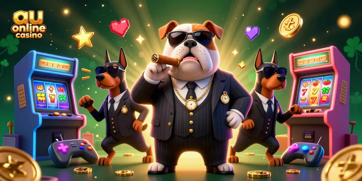 Engage with the vibrant scene of an au online casino illustrated by a cartoon mafia bulldog and his Dobermans surrounded by slot game elements.
