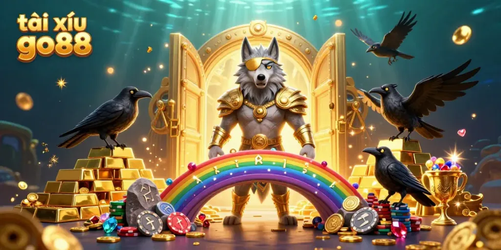 Engage in thrilling tài xỉu go88 action with mystical characters amid casino treasures.