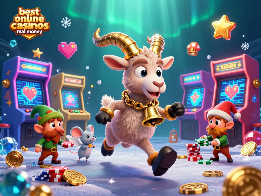 Experience the best online casinos real money with a lively festive casino scene featuring Krampus and mischievous elves.