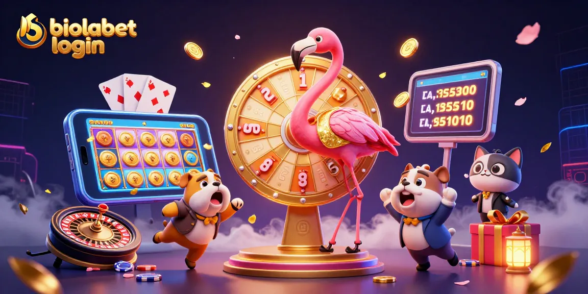 Permainan slot online "biolabet login" menampilkan flamingo dan bulldog dalam ilustrasi 3D yang vibrant.