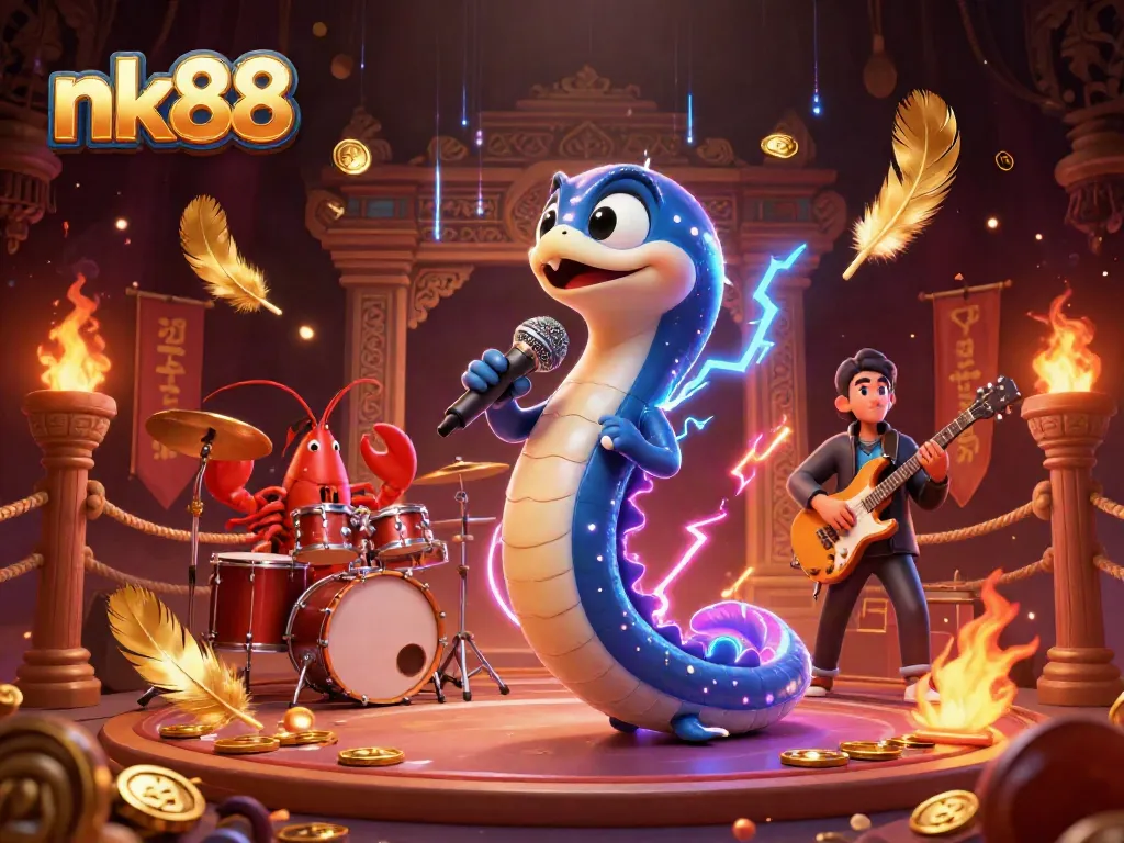 Engaging nk88 underwater casino performance featuring an electric eel DJ, lobster drummer, and seahorse guitarist.