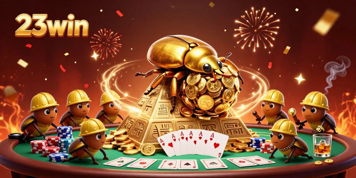 Engage with the vibrant 23win casino scene featuring a golden dung beetle amidst poker elements and festive confetti.