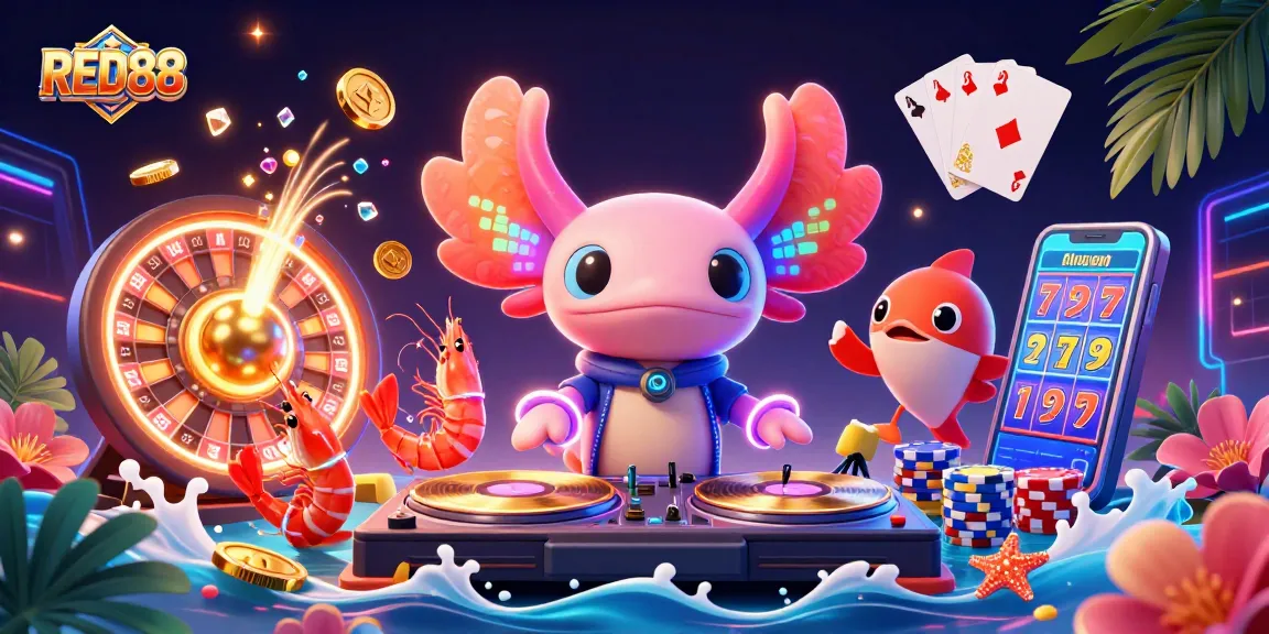 Experience the vibrant energy of RED88 with a neon-themed casino scene featuring an axolotl DJ, shrimp dancers, and dynamic gambling action.