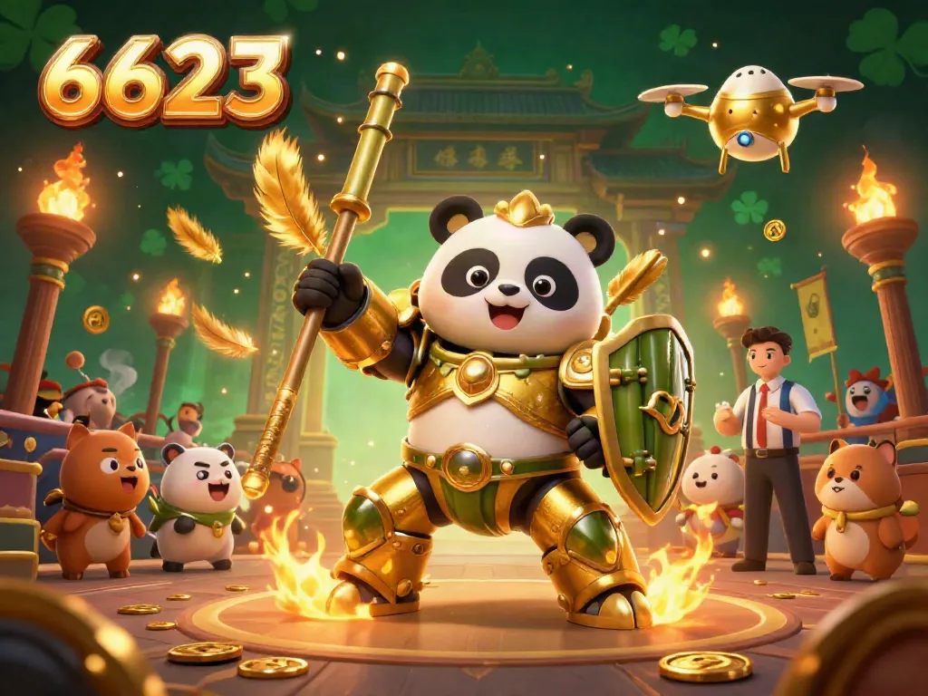Experience thrilling action at 6623 with a dynamic mech-suit panda in a vibrant gambling arena.
