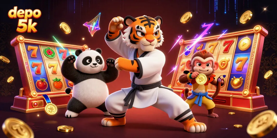 Spin to win with depo 5k slots featuring a kung fu tiger, lucky symbols, and rich rewards