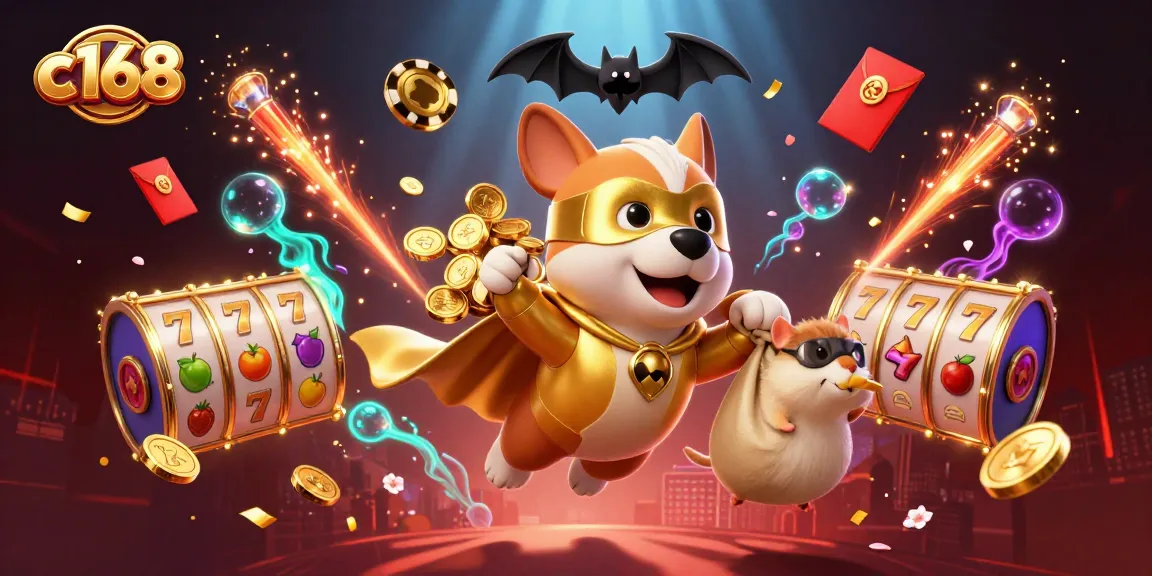 Experience the thrill of c168 with a cartoon superhero dog carrying coins amidst vibrant casino elements.