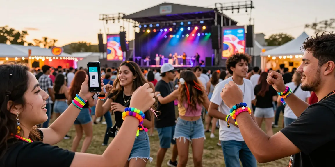 Festival attendees wearing pulseras con chip para festivales while enjoying a vibrant music event, capturing a lively atmosphere.