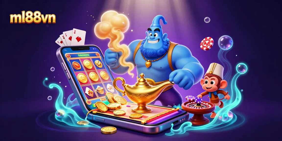 Engage with ml88vn's vibrant casino adventure featuring a magical genie and poker elements.