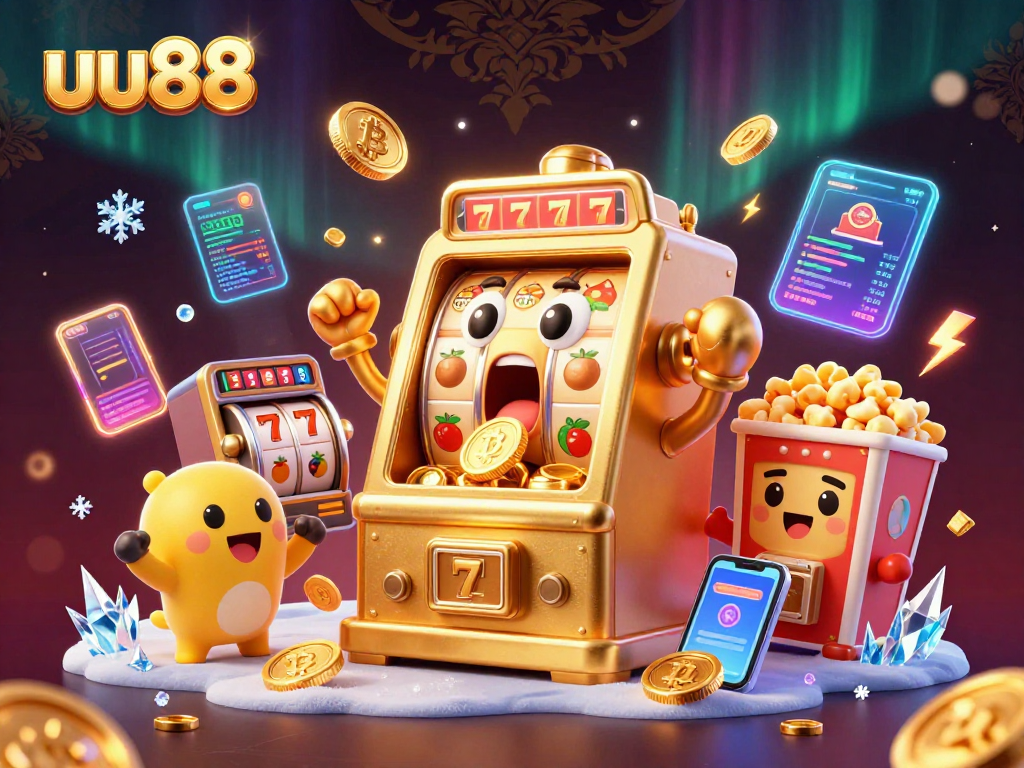 uu88 slot machine celebrates winning jackpot, showcasing vibrant casino elements and crypto coins.