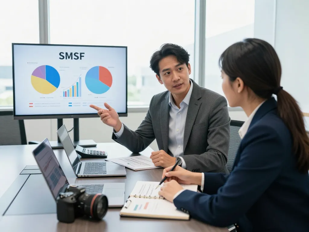 SMSF Accountant guiding a client through investment strategies in a modern office setting.