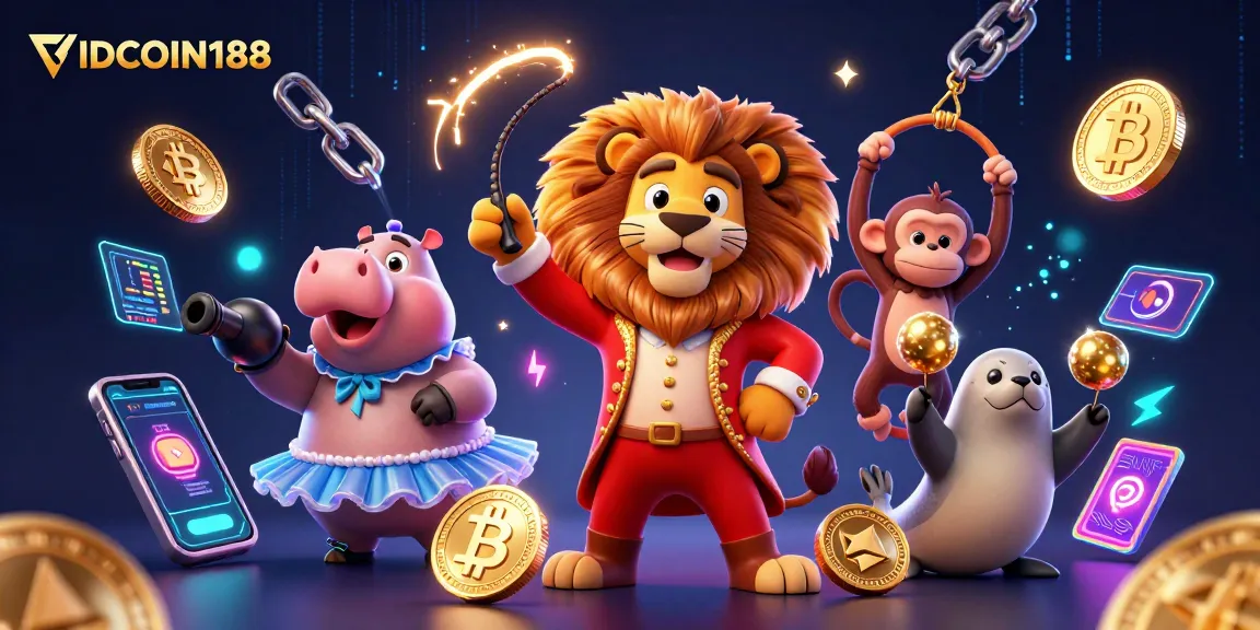 IDCOIN188 showcases a vibrant casino scene with whimsical characters and cryptocurrency elements intertwined.