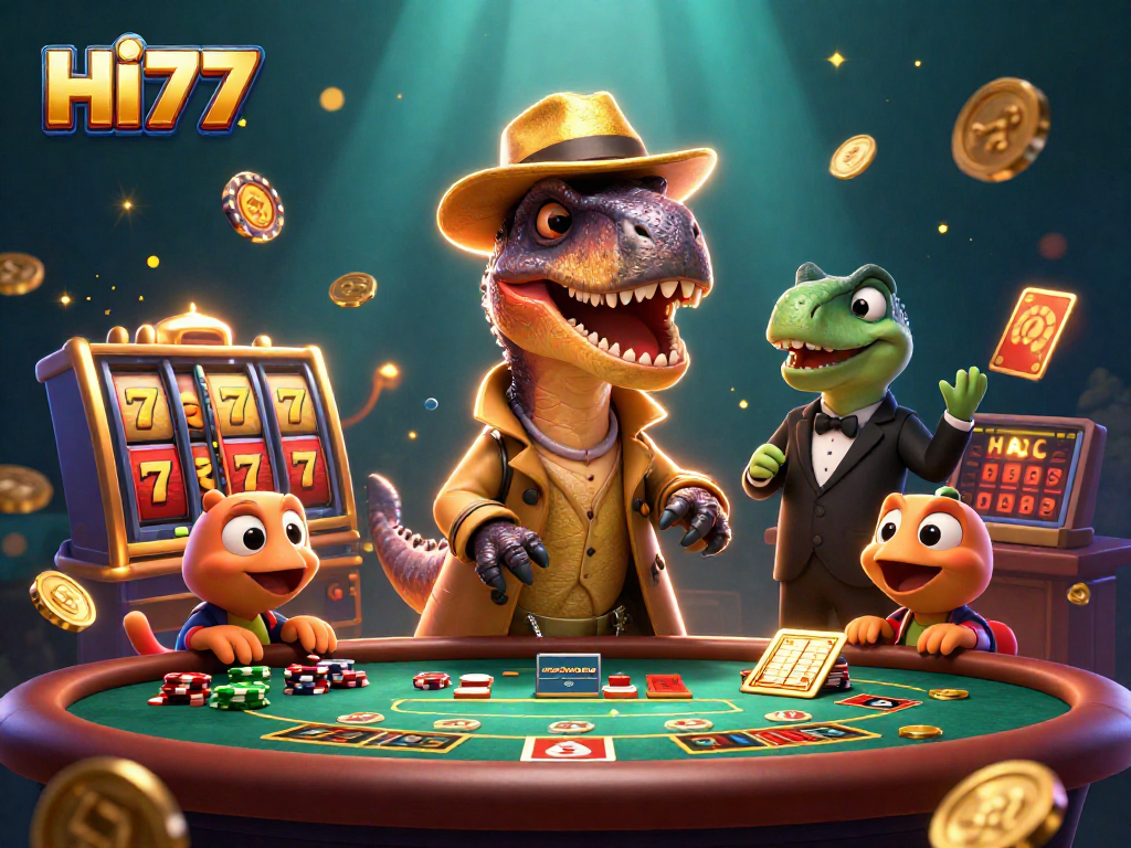 HI77 promotes excitement with a velociraptor at a blackjack table amidst dynamic slot game elements.