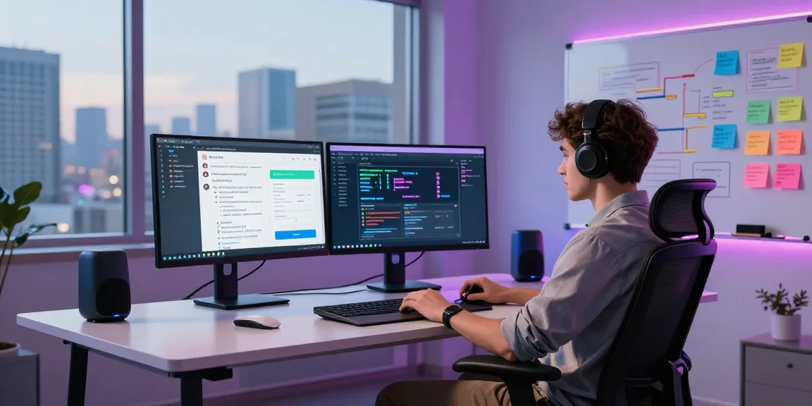 Digital workspace showcasing telegramin-cn.com interface on multiple screens with vibrant city skyline.
