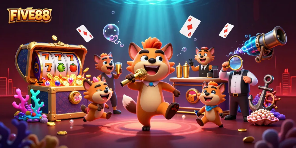 Experience the excitement of FIVE88 casino with humor, games, and vibrant atmosphere in this 3D illustration.