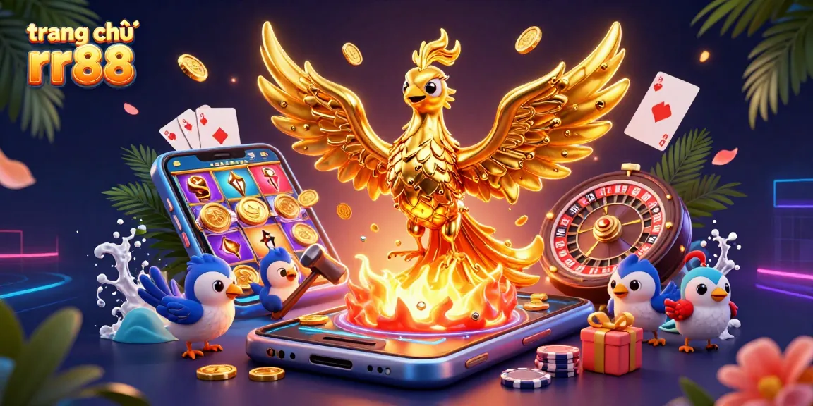 Experience the thrilling action on trang chủ rr88 with a vibrant golden phoenix and casino elements.