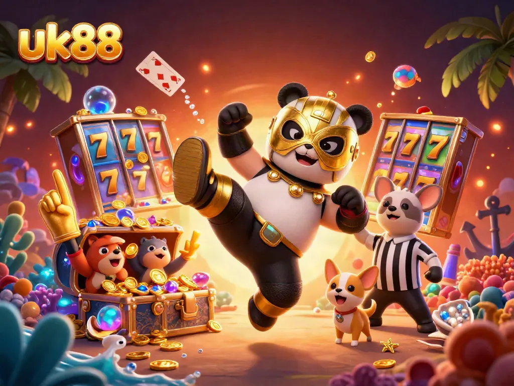 Experience exciting gaming action with uk88 as a 3D panda wrestler kicks alongside an enthusiastic crowd.