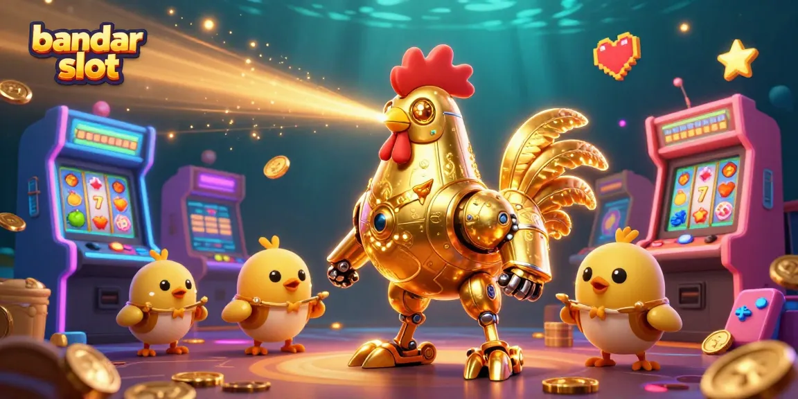 Experience the vibrant world of bandar slot with a futuristic golden rooster robot and baby drones amidst dynamic casino elements.