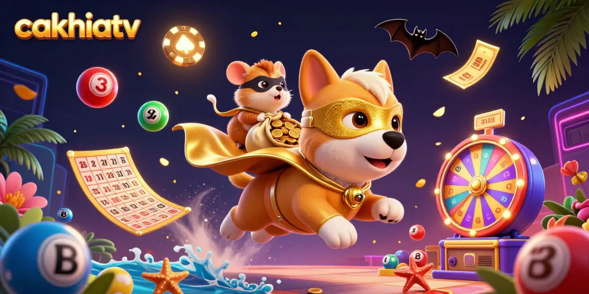 Cakhiatv engages players with an exciting 3D illustration featuring superhero characters amidst colorful lottery elements.