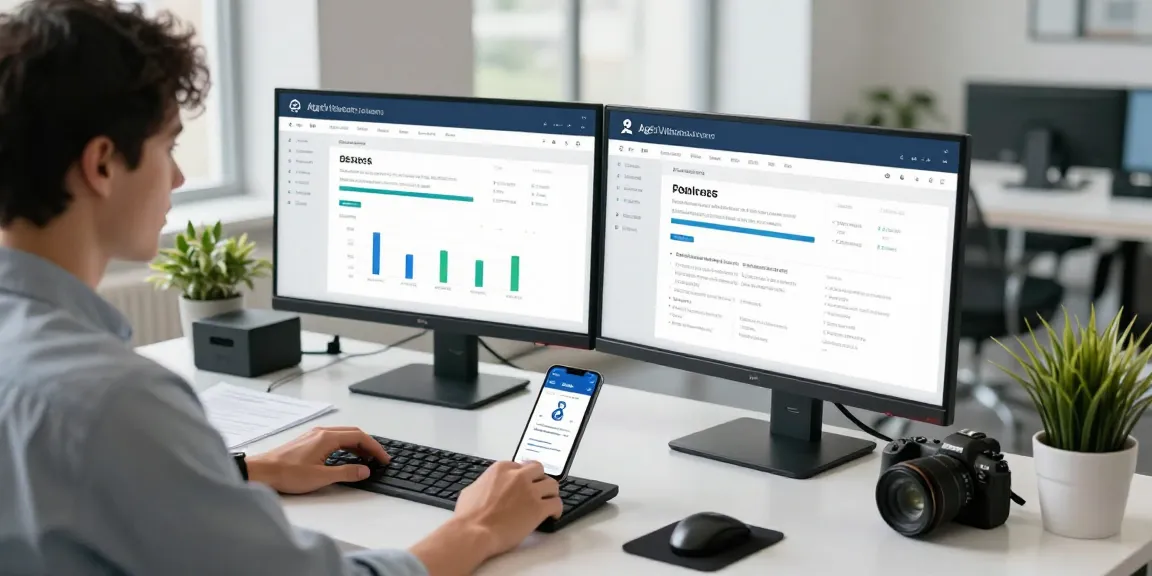 Age verification system digital workspace showcasing compliance data analysis and user interfaces in a modern office setting