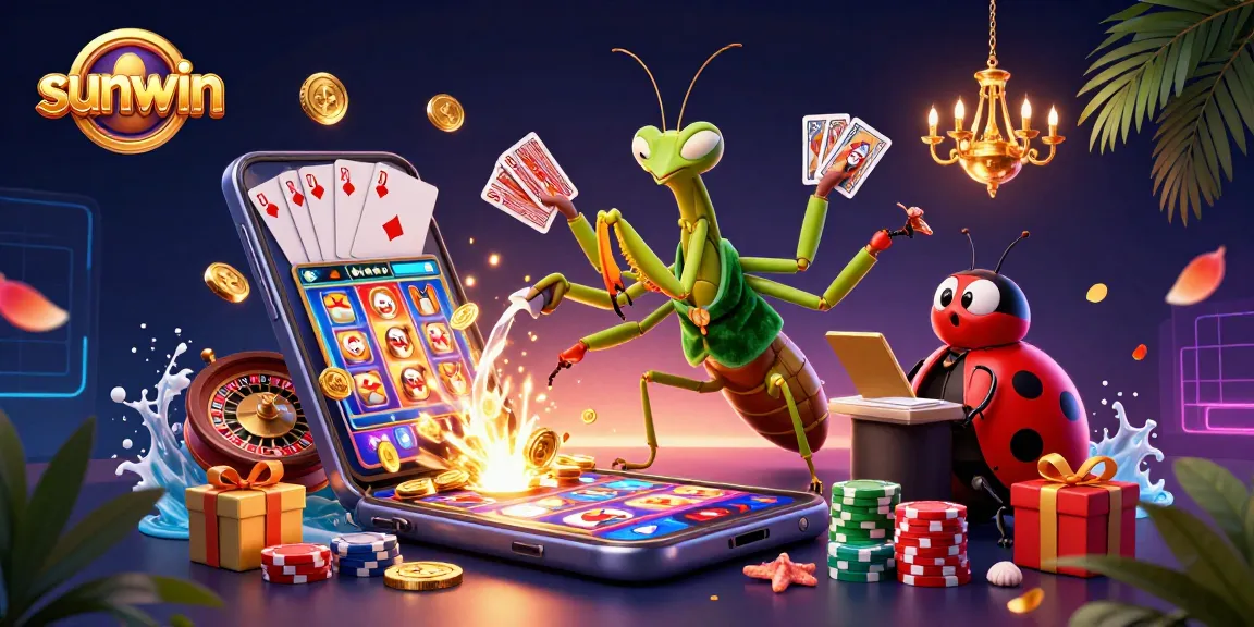 Play thrilling games at sunwin with a vibrant casino scene featuring colorful slots and lively characters.