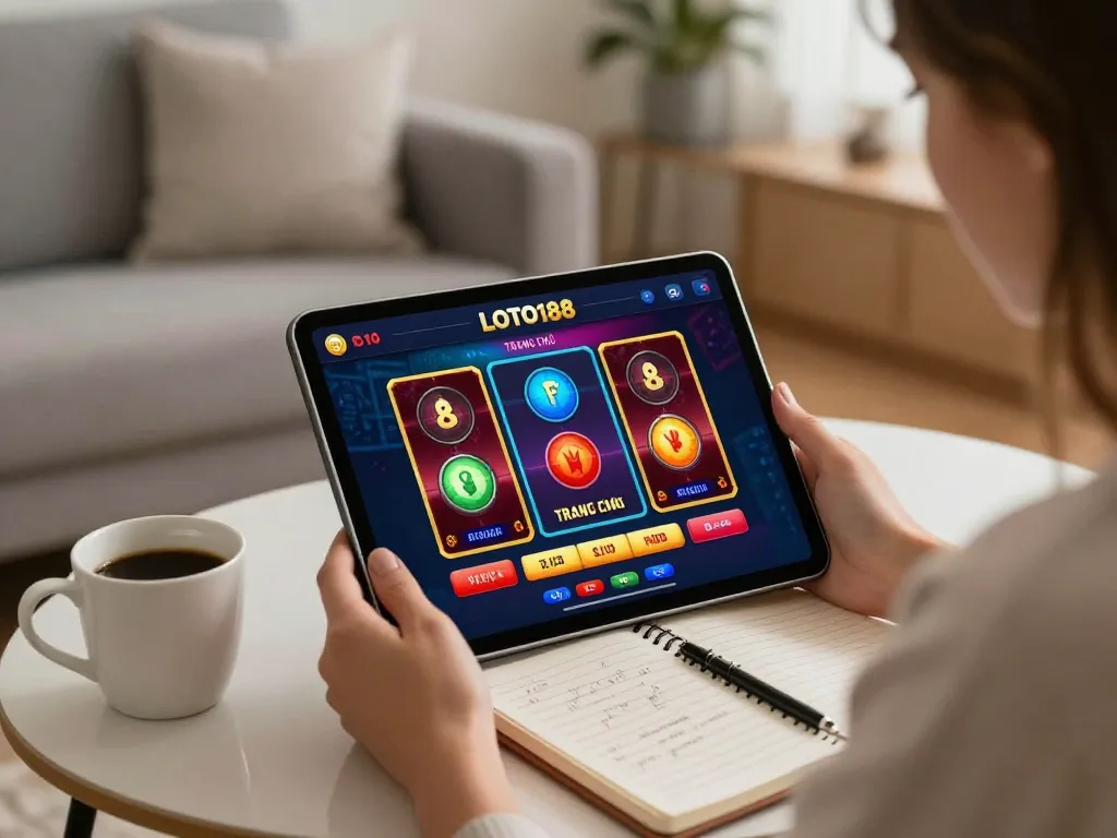 Engaging scene of a player using LOTO188 TRANG CHỦ on a tablet, capturing online gambling excitement.