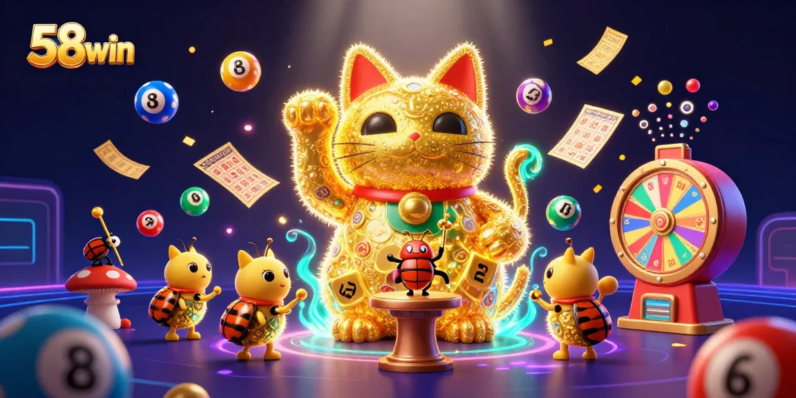 Engage with 58win's vibrant carnival of games showcasing a giant lucky cat amidst a winning spectacle.