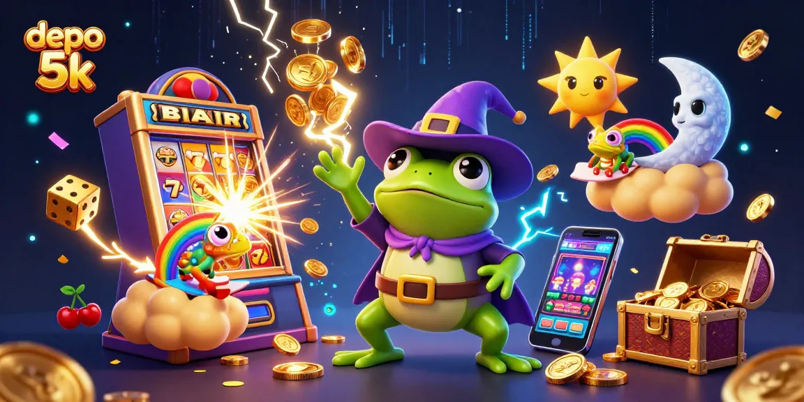 Experience the thrill of depo 5k slot gaming with golden coins falling amidst vibrant characters and dynamic casino elements.