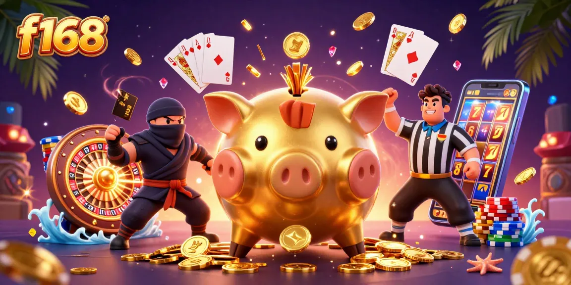 Experience the excitement of f168 with a vibrant 3D casino scene featuring a piggy bank sumo wrestler.