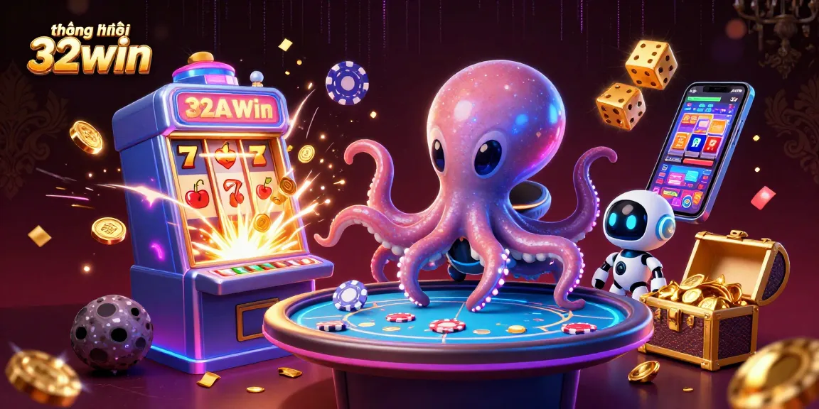 This lively 3D scene showcases thương hiệu 32win with a playful alien octopus at a holographic poker table surrounded by vivid casino elements.