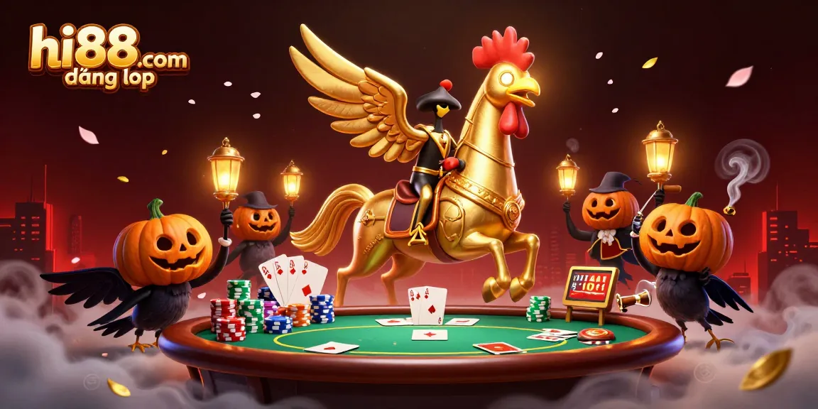Experience an exciting night at the casino with hi88.com đăng nhập featuring a dynamic illustration of gambling elements.