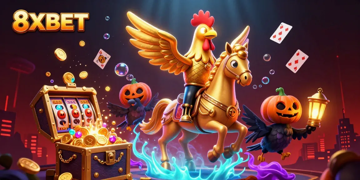 Play thrilling casino games at 8XBET with golden rooster headless horseman in a vibrant gaming scene.
