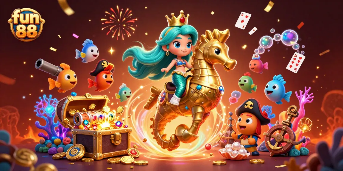Experience fun 88's vibrant slots scene with a mermaid, giant seahorse, and treasure in action.