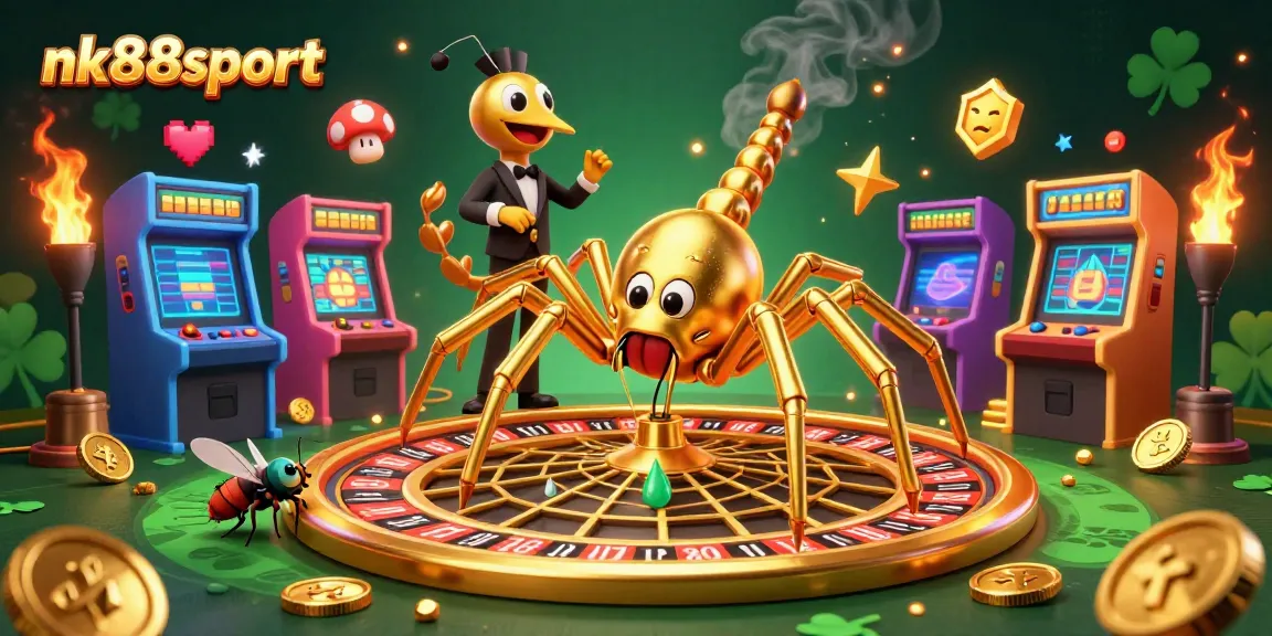 Engage with nk88sport's thrilling gaming atmosphere as the golden spider spins a roulette wheel.
