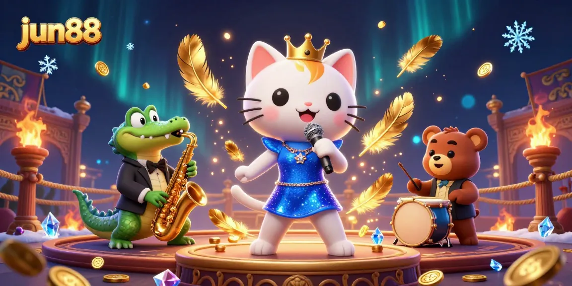 Experience thrilling wins at jun88 with an energetic casino scene featuring playful characters and dynamic gaming elements.
