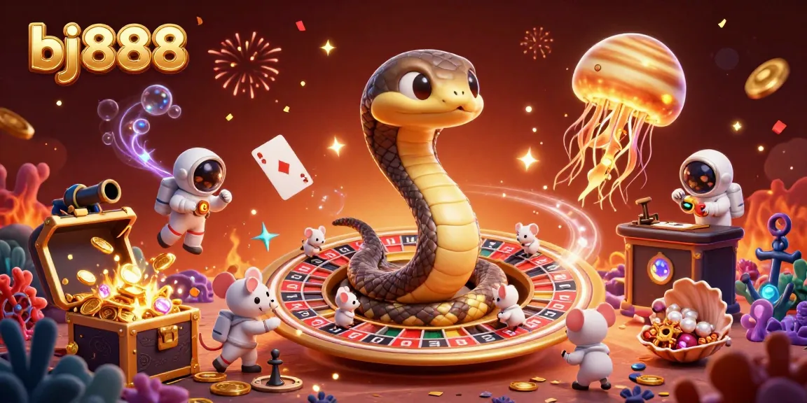 Bet on bj888's 3D cartoon scene featuring a Saturn ring snake as a roulette wheel with astronaut mice placing bets.