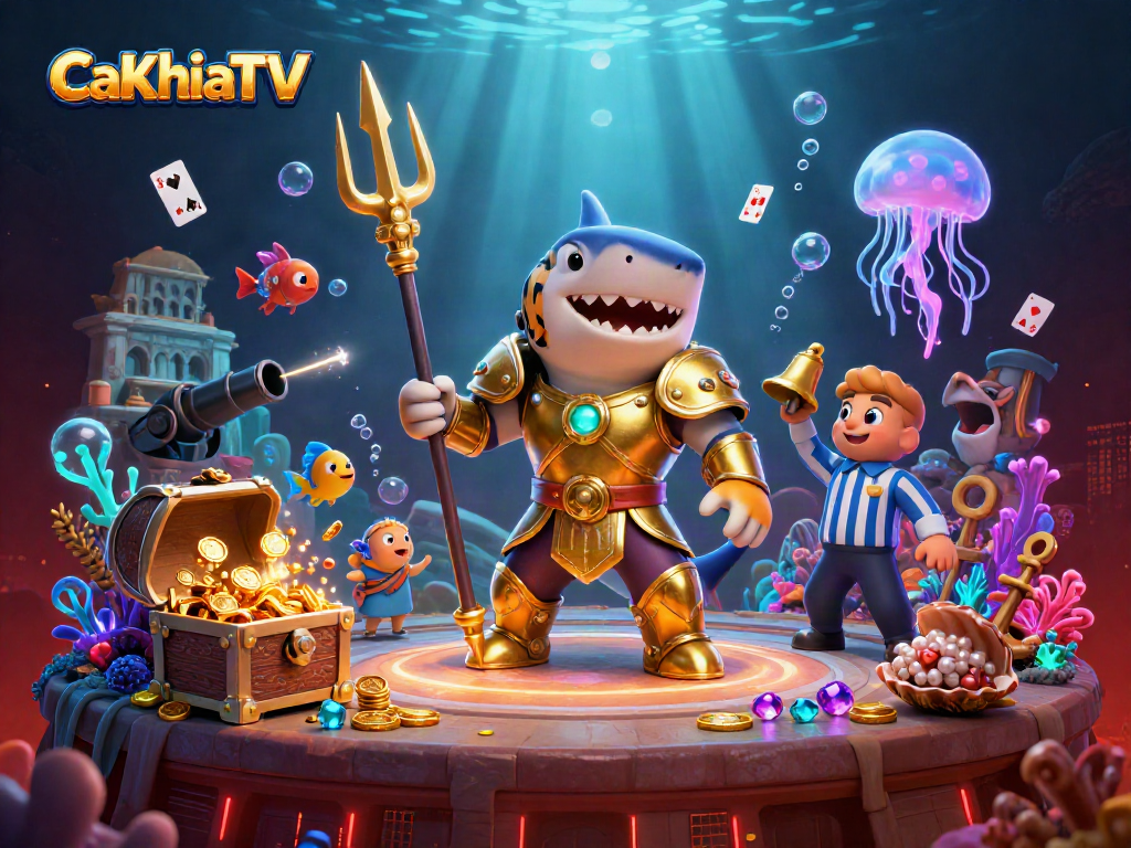 Engage in thrilling gameplay at CaKhiaTV with vibrant visuals of a shark-themed gambling scene.