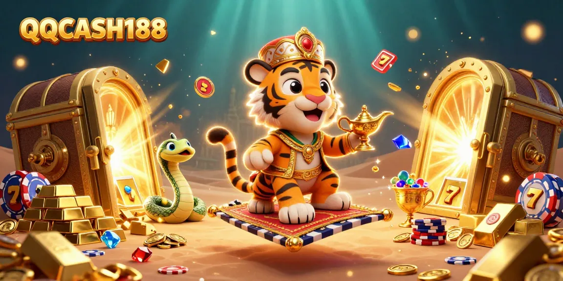Spin the reels with QQCASH188 in this vibrant 3D casino scene featuring slot machines and sparkling treasures.