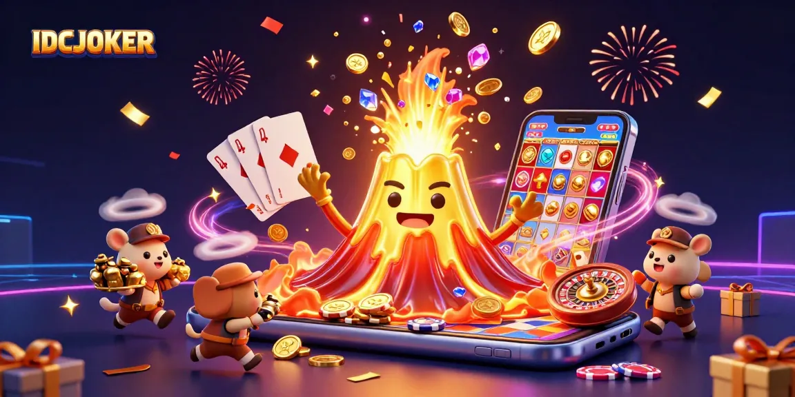 IDCJOKER players enjoy vibrant gaming with a golden volcano erupting coins and slot games.