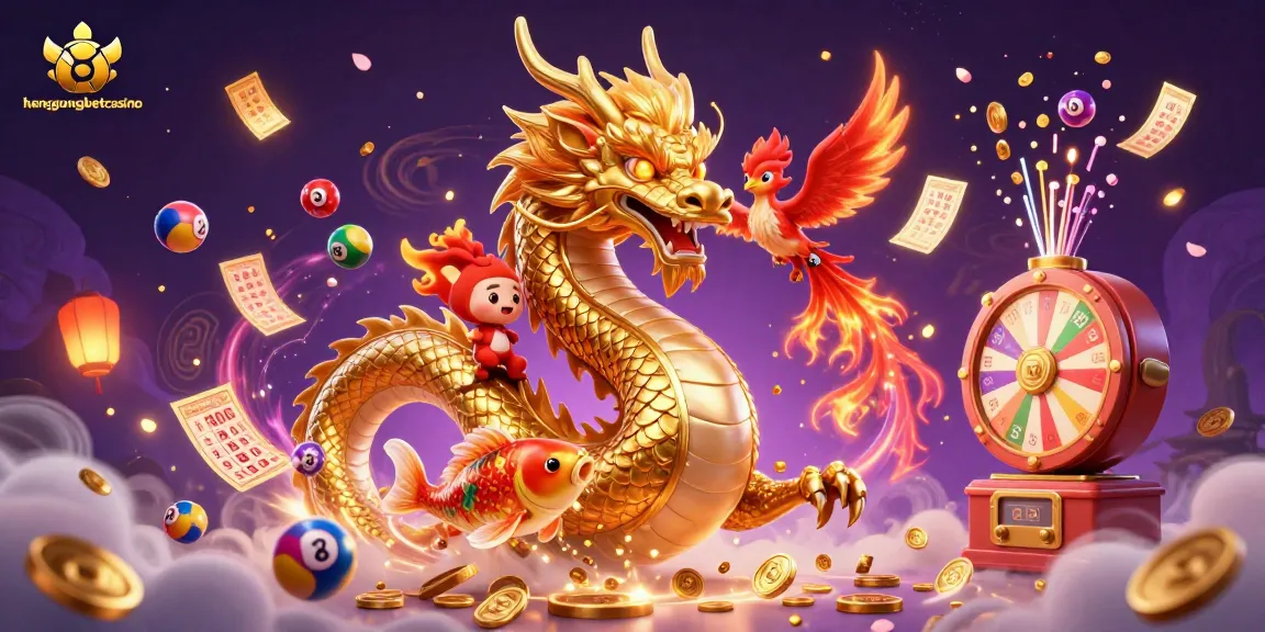 Engage in thrilling action at hengongbetcasino with majestic dragon, phoenix, and koi amidst dazzling lottery elements.
