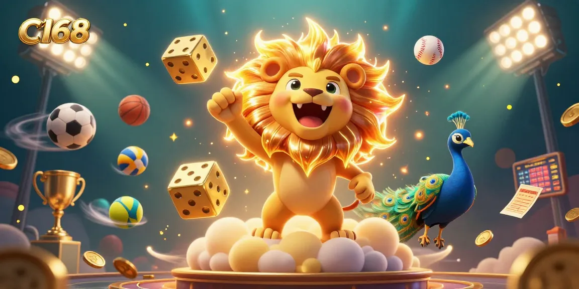 C168 players engaging in thrilling gameplay amidst dazzling golden coins and a triumphant lion.