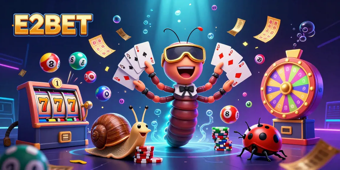 E2BET promotes excitement with a cartoon millipede dealer and high-roller characters in a dynamic casino scene.