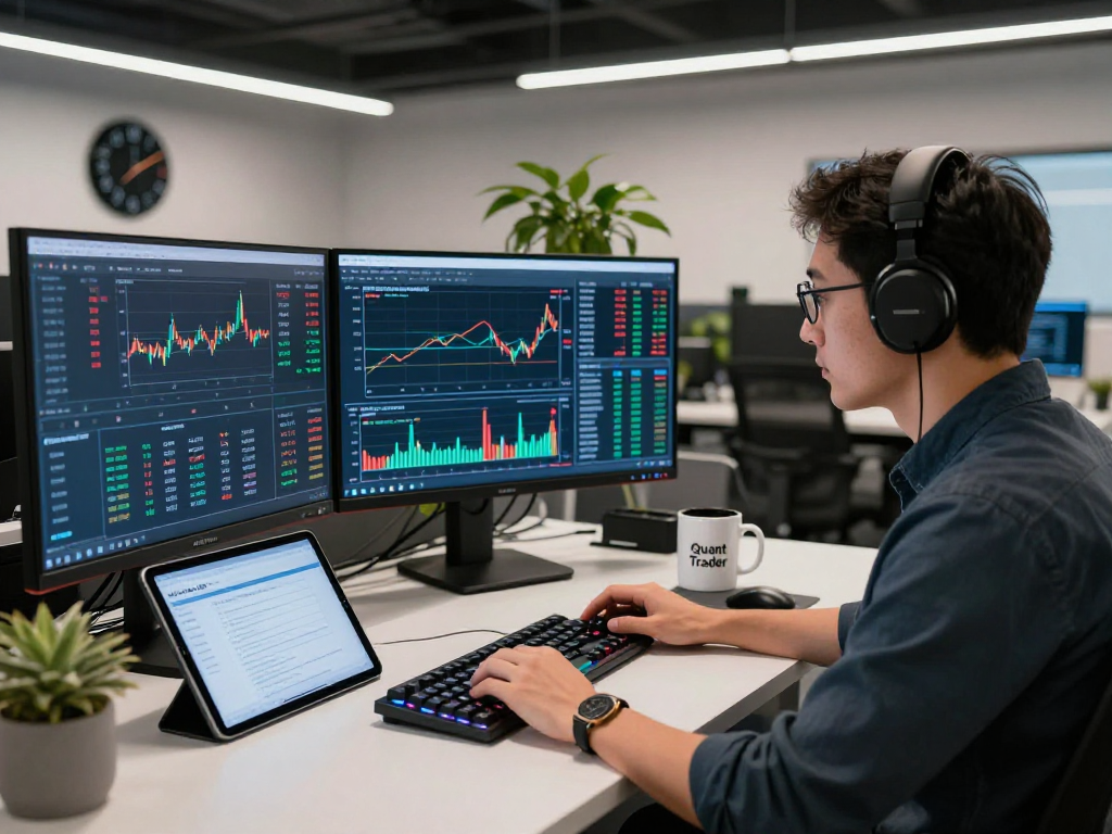 Developer analyzing natural gas futures Kline API data on multiple screens in a modern trading office.