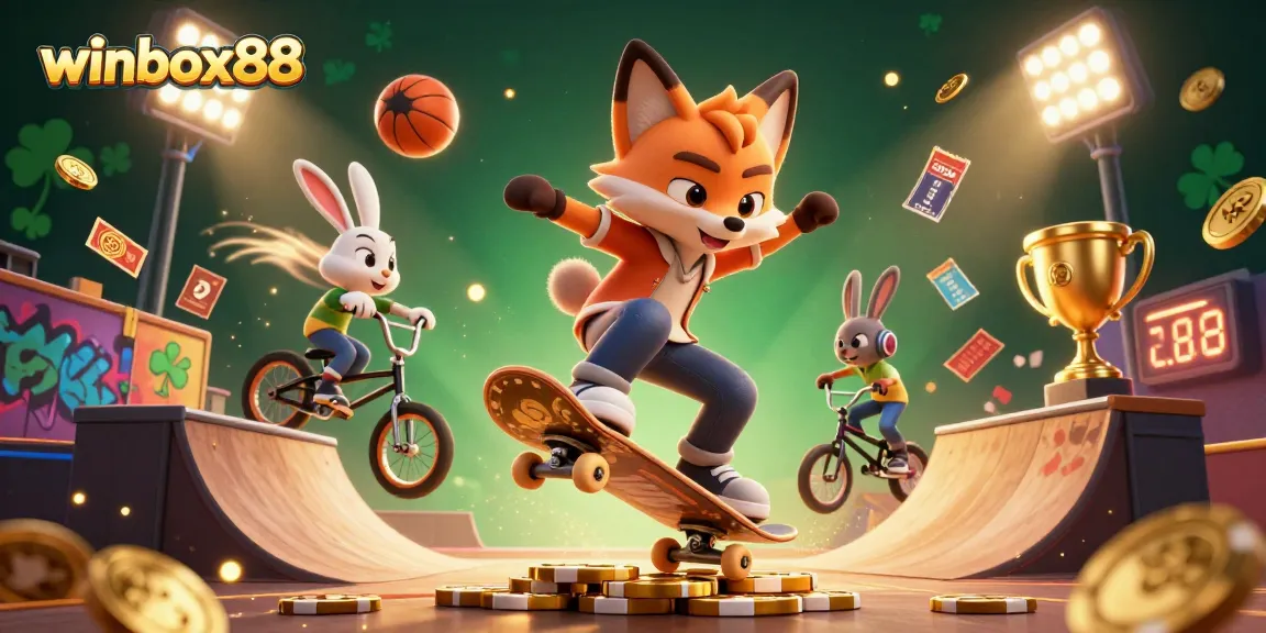 Experience vibrant excitement with winbox88's dynamic scene featuring a skateboarder fox and BMX rabbit amidst casino-themed action.