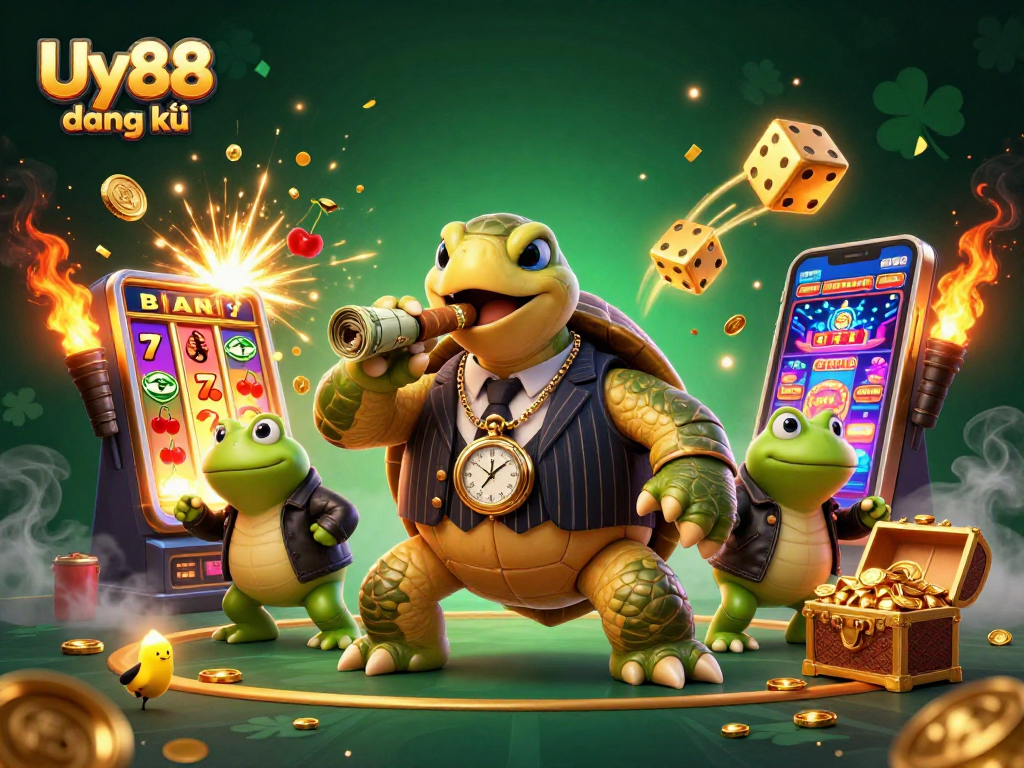 Experience thrills with Uy88 đăng ký at a vibrant casino scene featuring a snapping turtle and lucky symbols.