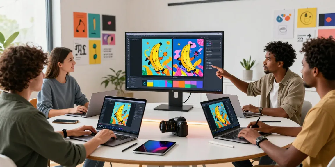Diverse digital artists collaborating around a table using the nano banana 2 AI image editing platform, vibrant workspace context.